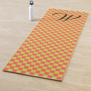 Yellow Green & Light Pink Chequerboard Monogrammed Yoga Mat