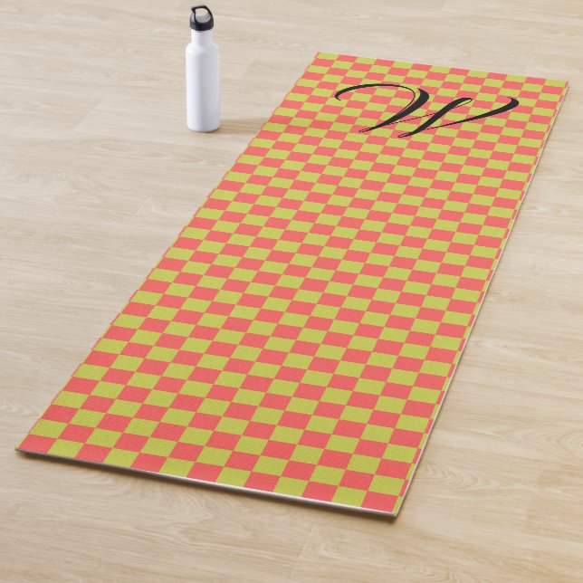 Yellow Green & Light Pink Chequerboard Monogrammed Yoga Mat (In Situ)