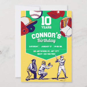 Yellow & Green llustrated baseball birthday party Invitation