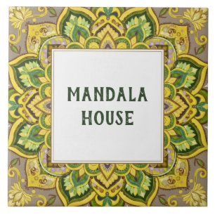 Yellow Green Mandala Custom House Name Sign Plaque Tile