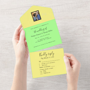 yellow green minimal summer couple photo monogram all in one invitation