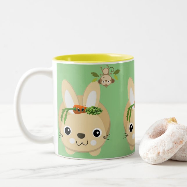Yellow Green Monkey Rabbit Carrots & Peas  Mug (With Donut)