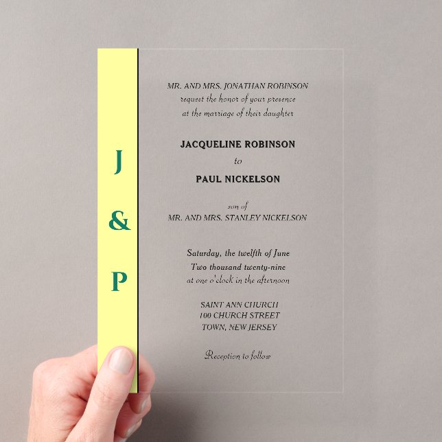 Yellow Green Monogram Bride and Groom Clear Acrylic Invitations (Insitu (Handheld))