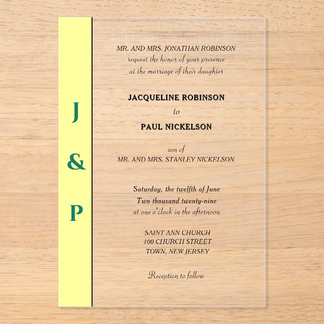 Yellow Green Monogram Bride and Groom Clear Acrylic Invitations (Front)