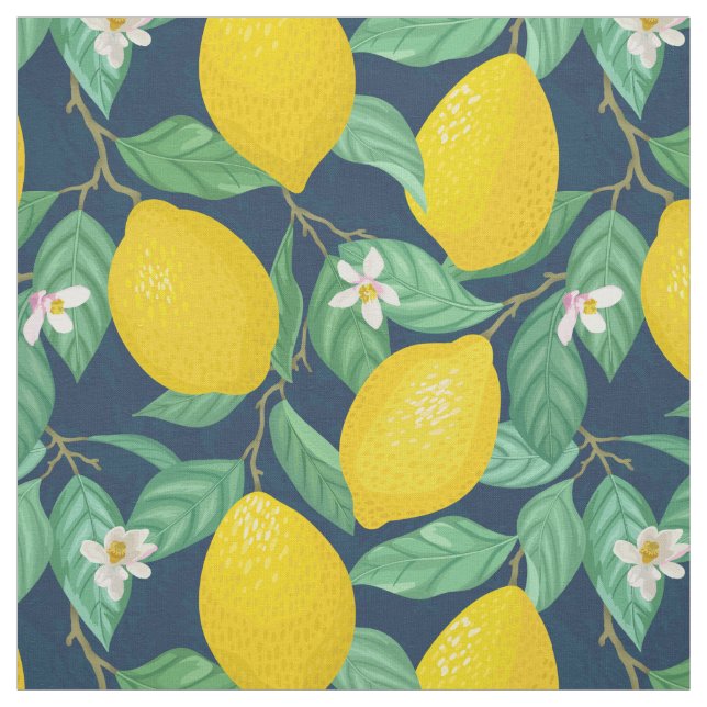 Yellow Green Navy Blue Lemon Pattern Fabric (Swatch)