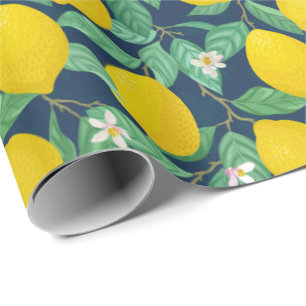 Yellow Green Navy Blue Lemon Pattern Wrapping Paper