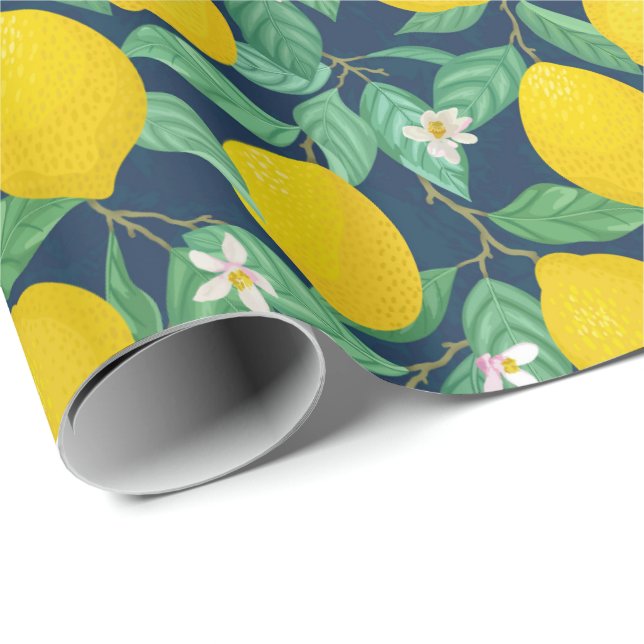 Yellow Green Navy Blue Lemon Pattern  Wrapping Paper (Roll Corner)