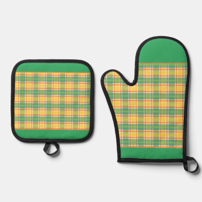 Yellow, Green & Orange Plaid  Oven Mitt & Pot Holder Set (Front)