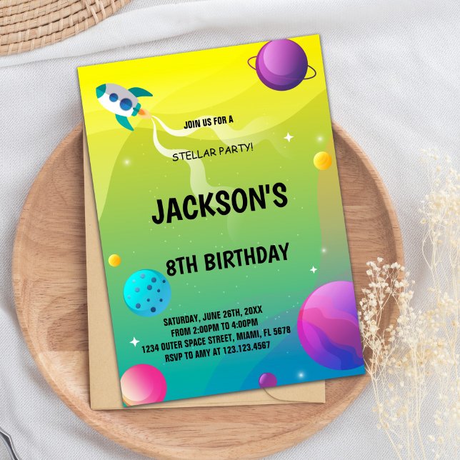 Yellow & Green Outer Space Birthday Invitation (Yellow Green Outer Space Birthday Invitations)