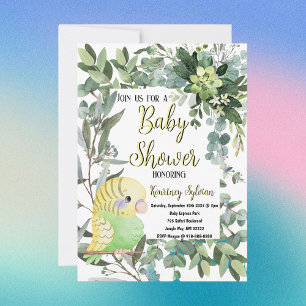 Yellow Green Parakeet Bird Watercolor Baby Shower Invitation