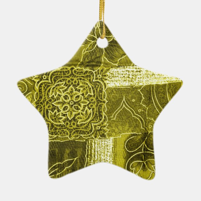 Yellow Green Patchwork Fabric Texture Ceramic Tree Decoration (Back)