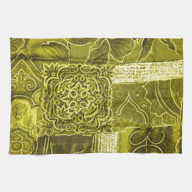 Yellow Green Patchwork Fabric Texture Tea Towel (Horizontal)