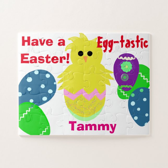 Yellow Green Pink Chick Easter Eggs NAME Jigsaw Puzzle (Horizontal)