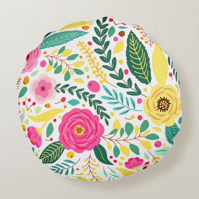 Yellow Green & Pink Floral Print Round Pillow (Back)
