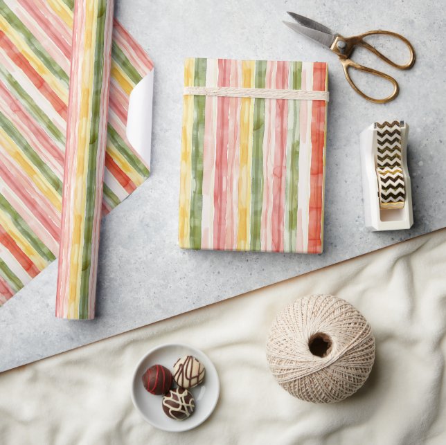 Yellow Green Pink Orange Stripes Birthday Wrapping Paper (Crafts)