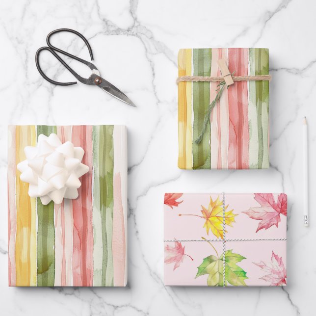 Yellow Green Pink Orange Stripes Leaves Birthday Wrapping Paper Sheet (Front)