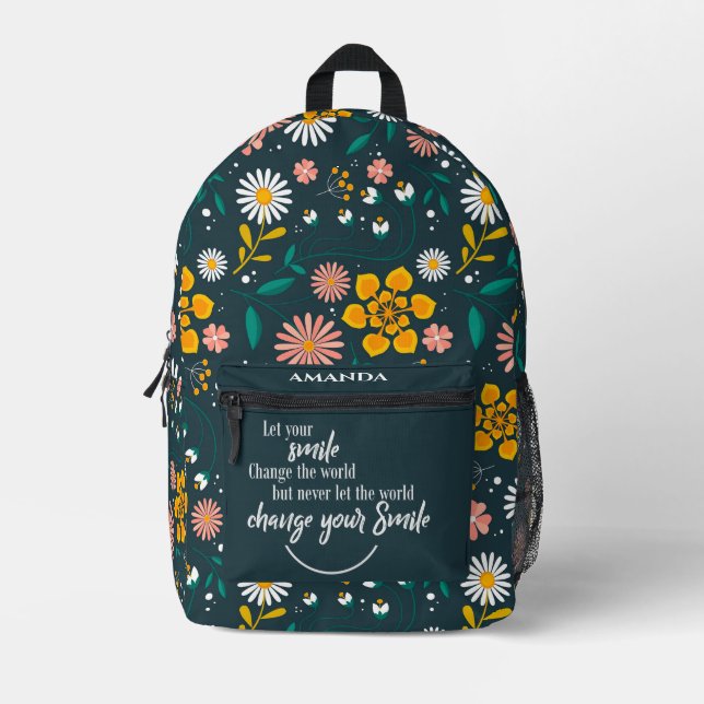 Yellow Green Pretty Floral Inspirational Quote Printed Backpack (Front)