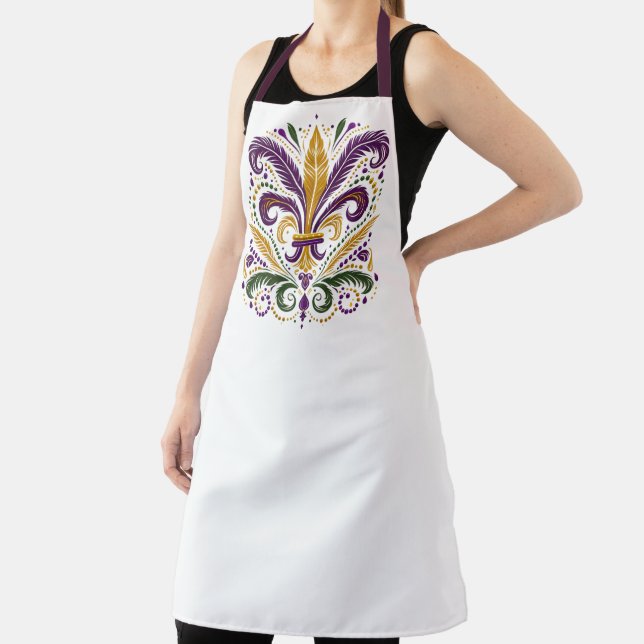 Yellow, green purple fleur de lis feathers apron (Insitu)