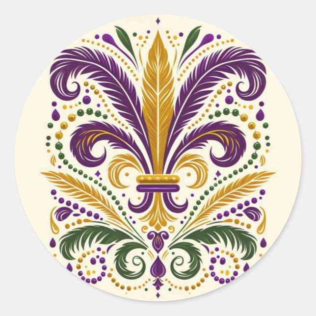 Yellow, green purple fleur de lis feathers classic round sticker (Front)