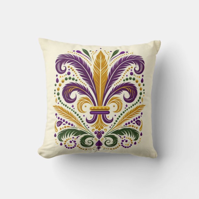 Yellow, green purple fleur de lis feathers cushion (Front)
