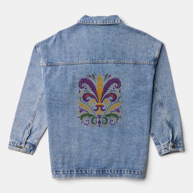 Yellow, green purple fleur de lis feathers denim jacket (Back)