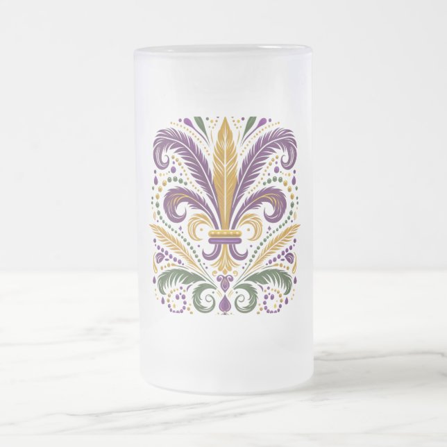 Yellow, green purple fleur de lis feathers frosted glass beer mug (Center)