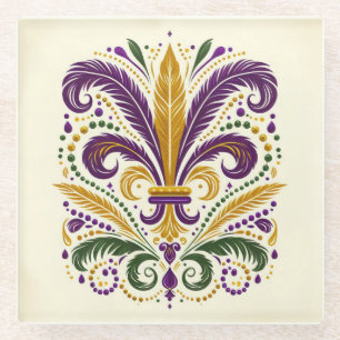 Yellow, green purple fleur de lis feathers glass coaster