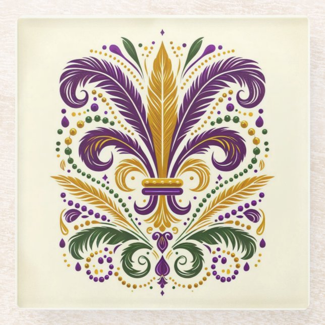 Yellow, green purple fleur de lis feathers glass coaster (Front)