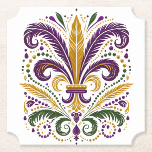 Yellow, green purple fleur de lis feathers paper coaster