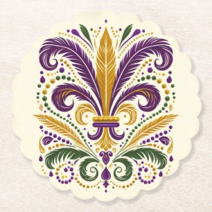 Yellow, green purple fleur de lis feathers paper coaster