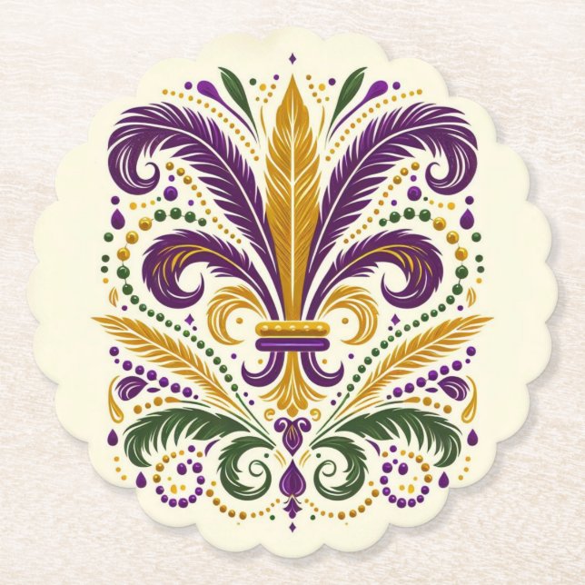 Yellow, green purple fleur de lis feathers paper coaster (Front)