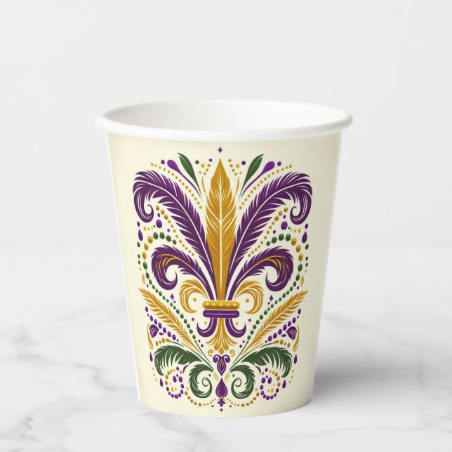 Yellow, green purple fleur de lis feathers paper cups (Front)