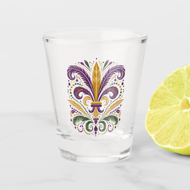Yellow, green purple fleur de lis feathers shot glass (Front)