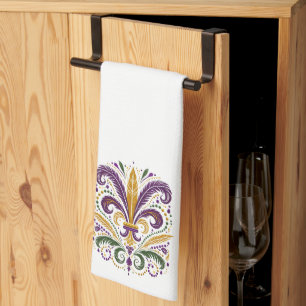 Yellow, green purple fleur de lis feathers tea towel