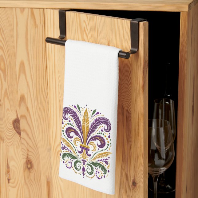 Yellow, green purple fleur de lis feathers tea towel (Thirds Fold)