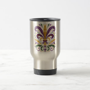 Yellow, green purple fleur de lis feathers travel mug