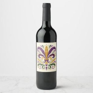 Yellow, green purple fleur de lis feathers wine label
