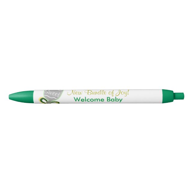 Yellow Green Rattle Sweet New Baby Announcements Blue Ink Pen (Front)