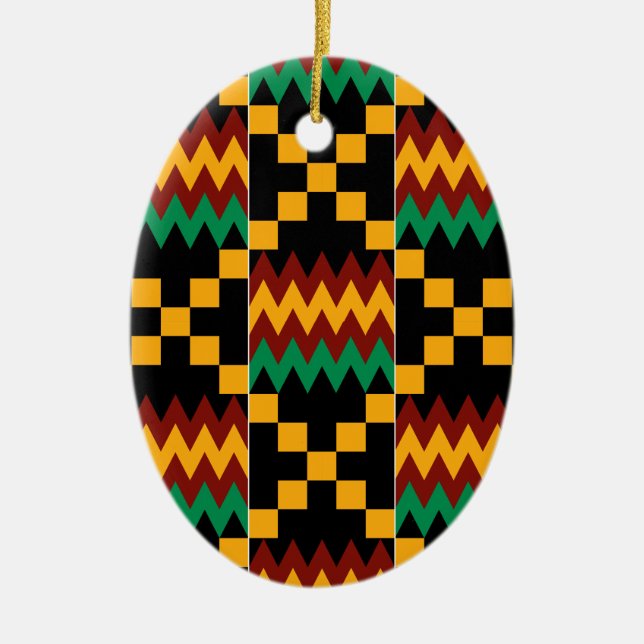 Yellow, Green, Red, Black Kente Cloth Ceramic Tree Decoration (Front)
