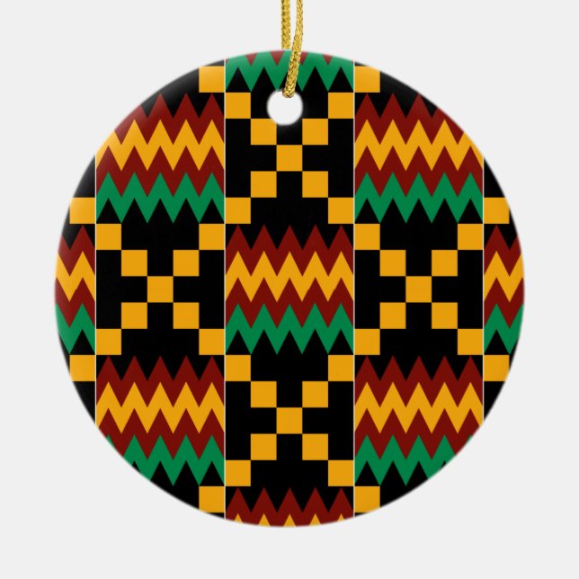 Yellow, Green, Red, Black Kente Cloth Ceramic Tree Decoration (Front)
