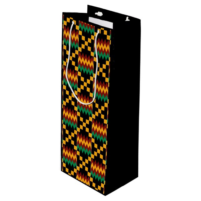 Yellow, Green, Red, Black Kwanzaa Kente Cloth Wine Gift Bag (Front Angled)
