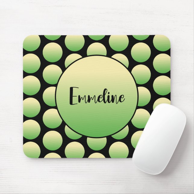 Yellow Green Retro Dots on Black with Script Name Mouse Mat (With Mouse)