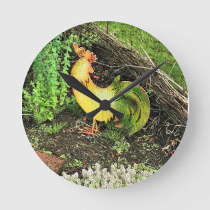 Yellow & Green Rooster Round Clock