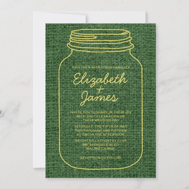 Yellow Green Rustic Mason Jar Wedding Invitations (Front)