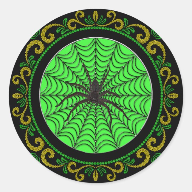 Yellow Green Spider Web And Black Spider Halloween Classic Round Sticker (Front)