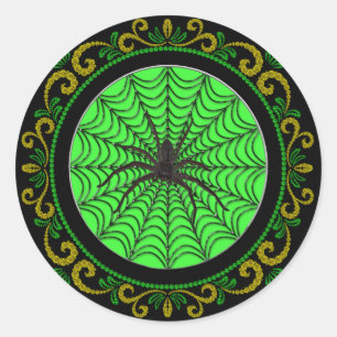 Yellow Green Spider Web And Black Spider Halloween Classic Round Sticker