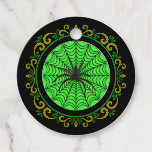 Yellow Green Spider Web And Black Spider Halloween Favour Tags