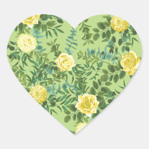 Yellow & Green Spring Rose Vintage Wedding Heart Sticker