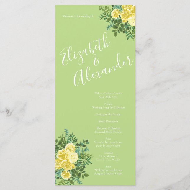 Yellow & Green Spring Rose Vintage Wedding Menu (Front)