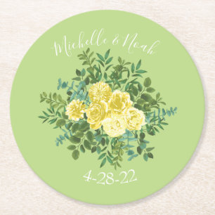 Yellow & Green Spring Rose Vintage Wedding Round Paper Coaster